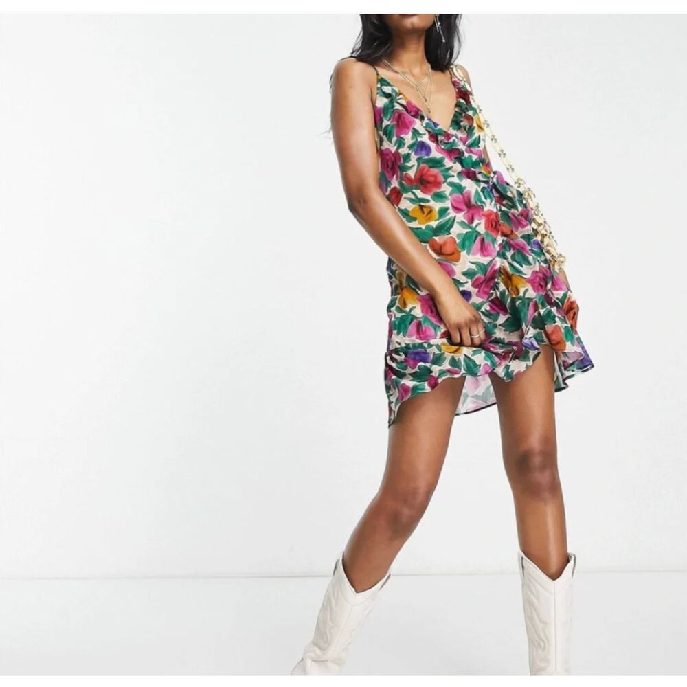 Topshop Multi Green Floral Ruffle Trim Sleeveless Mini Wrap Dress